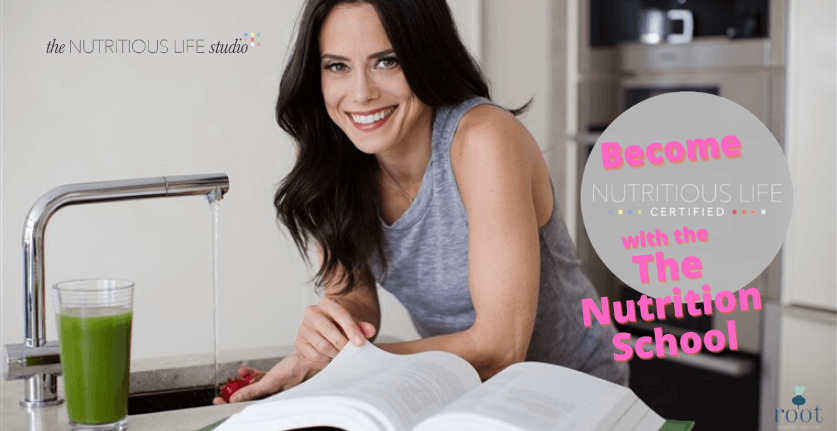 Dark haired white woman at a sink with a green smoothie and open book smiling says "Become Nutritious Life Certified with The Nutrition School"| Nutrition School Online | Root Nutrition Education & Counseling