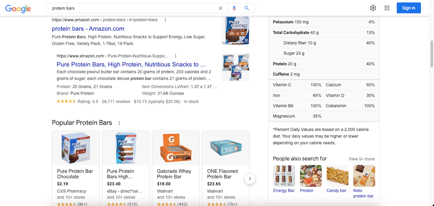 Google Chrome Incognito Page with Protein Bar Shopping Search Results | Keysearch Review | JK Nutrition Consulting