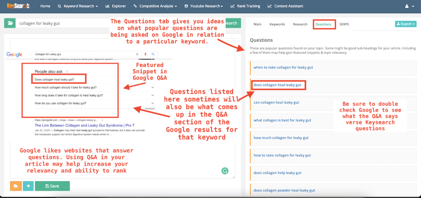 Keysearch Content Assistant Questions Tab | JK Nutrition Consulting