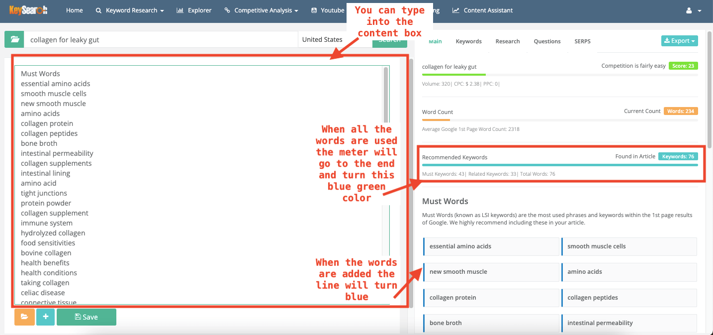 Keysearch Content Assistant Writing Box How You know when you are using all the words | JK Nutrition Consulting