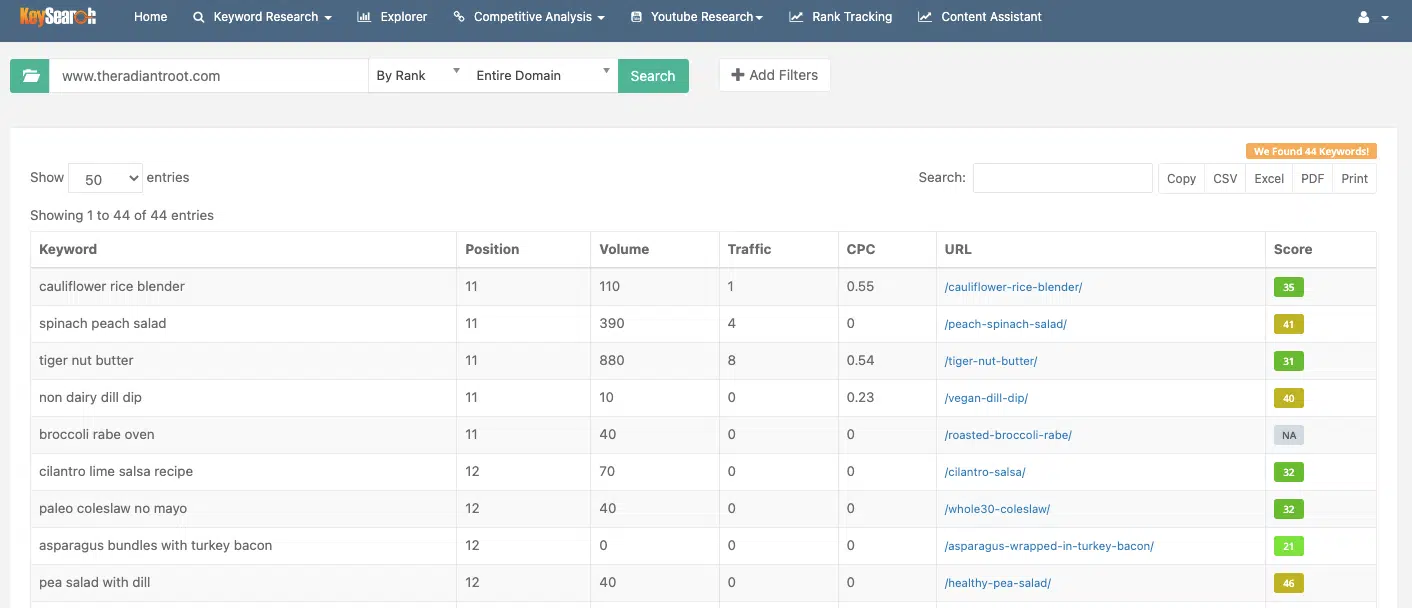 Organic Keywords Page How to Find On the cusp keywords results with list of google posts ranking 11 to 20 | KeySearch Review | JK Nutrition Consulting