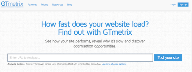 GTmetrix Homepage with area to place the URL | ow to speed up wordpress site| JK Nutrition Consulting