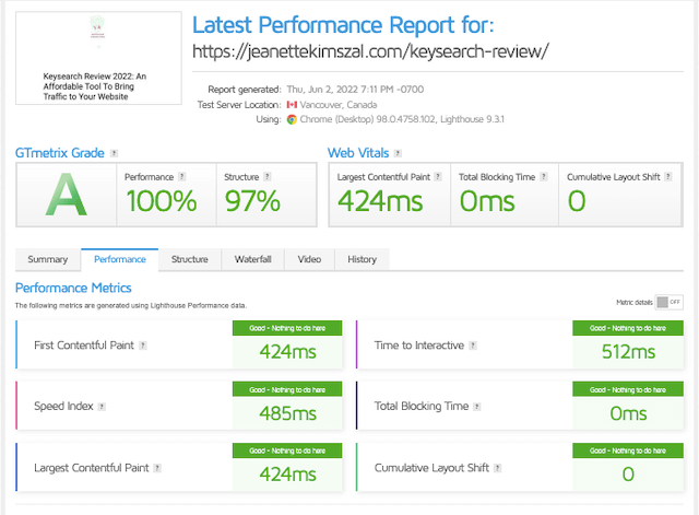 GTmetrix Speed Performance Results Similar to Google PSI Speed Tests | JK Nutrition Consulting