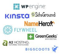 Logos of hosting providers WP Engine, Kinsta, Siteground, Flywheel, Namehero, GreenGeeks, A2 hosting, and bigscoots | Resources for Nutrition Professionals | JK Nutrition Consulting