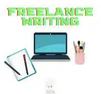 White Background with the words "Freelance Writing" and a computer a pad with pens and a cup of pens | JK Nutrition Consulting