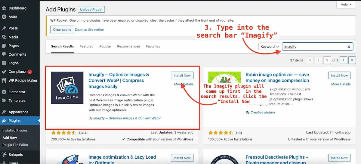 Steps for setting up WP Imagify plugin 3 of 5: Shows the screen of the plugin search page with the results showing Imagify and an arrow pointing saying "The imagify plugin will come up first in the search results. "Click the install button'." | Imagify Review | JK Nutrition Consulting