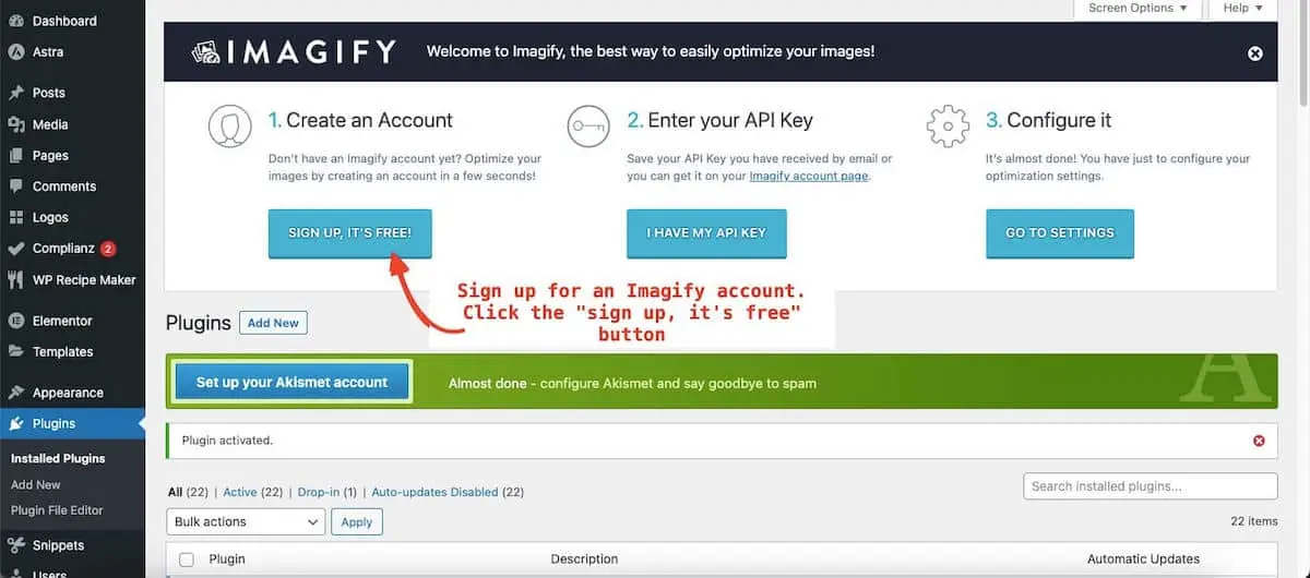Steps for Setting Up an Imagify Account 1 of 3: The photo showing the imagify steps with the sign up, enter your API and configure it. A red arrow points to the "sign up, it's free" button saying "sing up for an Imagify account. Click the 'sign up, it's free' button." | Imagify Review | JK Nutrition Consulting
