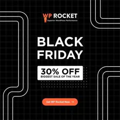 Black background with white lettering sayiing WP Rocket Black Friday Sale 2023 30% off biggest sale of the year | JK Nutrition Consulting