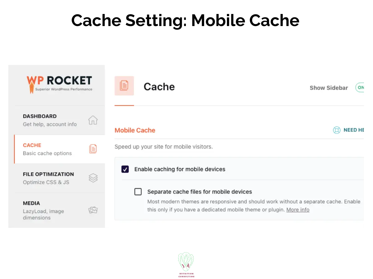 Cache Setting photo 1 of 3 on WP Rocket showing mobile cache | WP Rocket Review | JK Nutrition Consulting