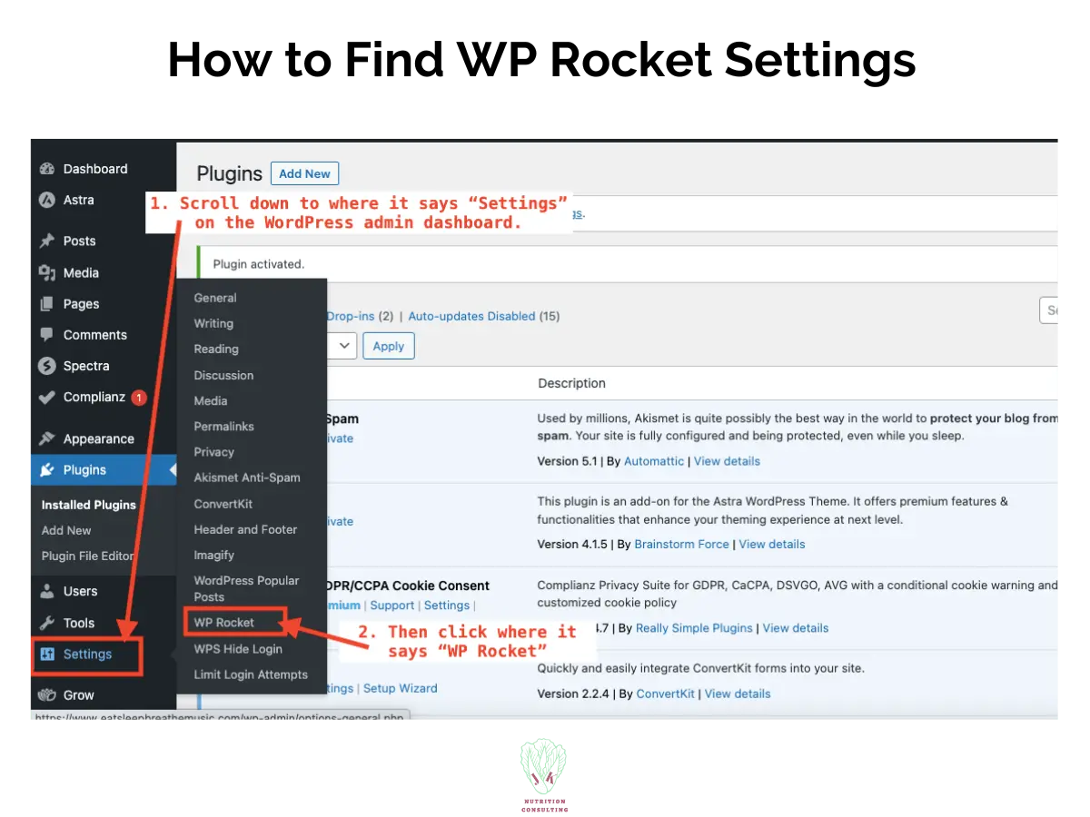 Configuring the WP Rocket plugin 1 of 3 photo showing how to find WP Rocket settings in the Settings ont he WordPress dashboard | WP Rocket Review | JK Nutrition Consulting