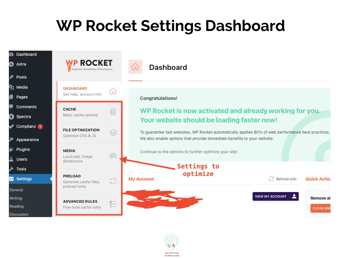 Photo 2 of 3 showing the WP Rocket dashboard with the settings that can be customized | WP Rocket Review | JK Nutrition Consulting