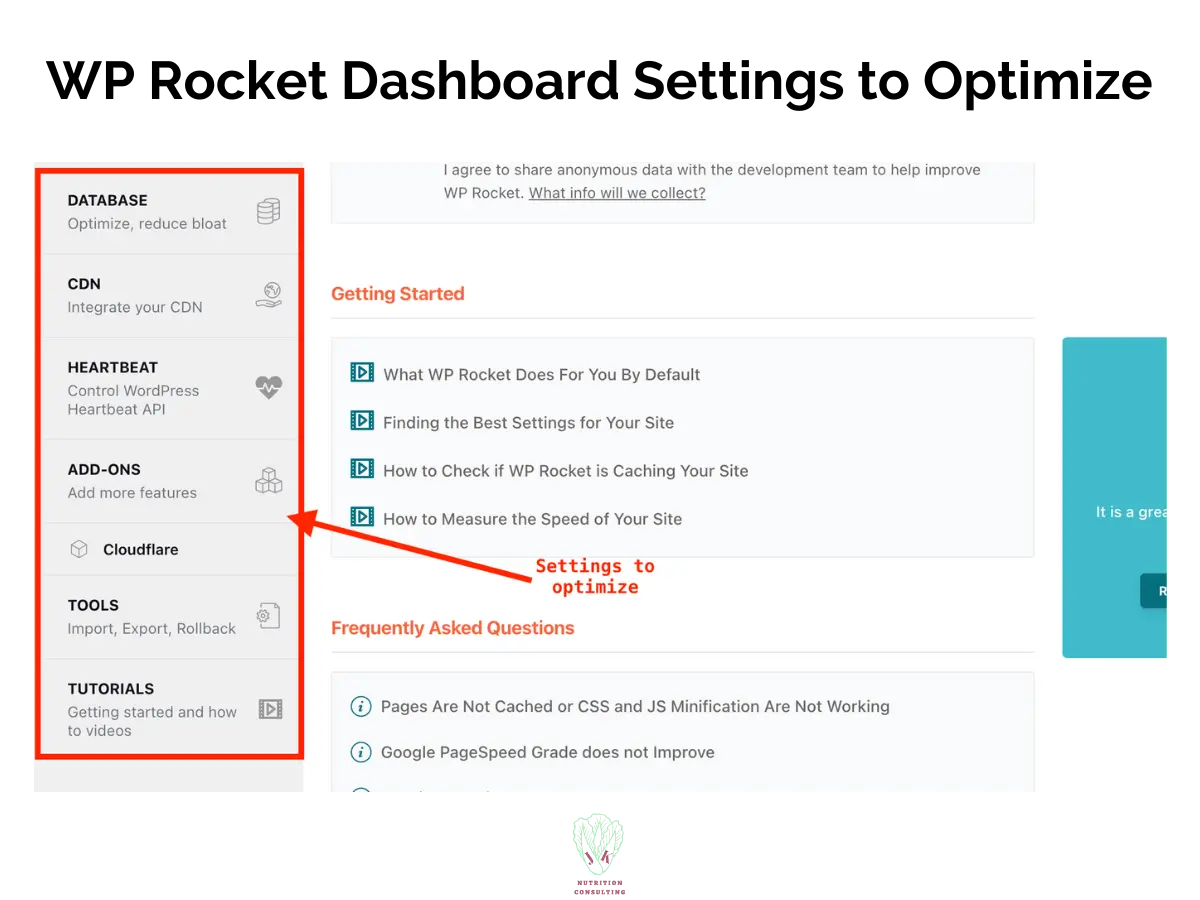 WP rocket 3 of 3 photo showing the settings on the WP Rocket dashboard that can be configured | WP Rocket Review | JK Nutrition Consulting