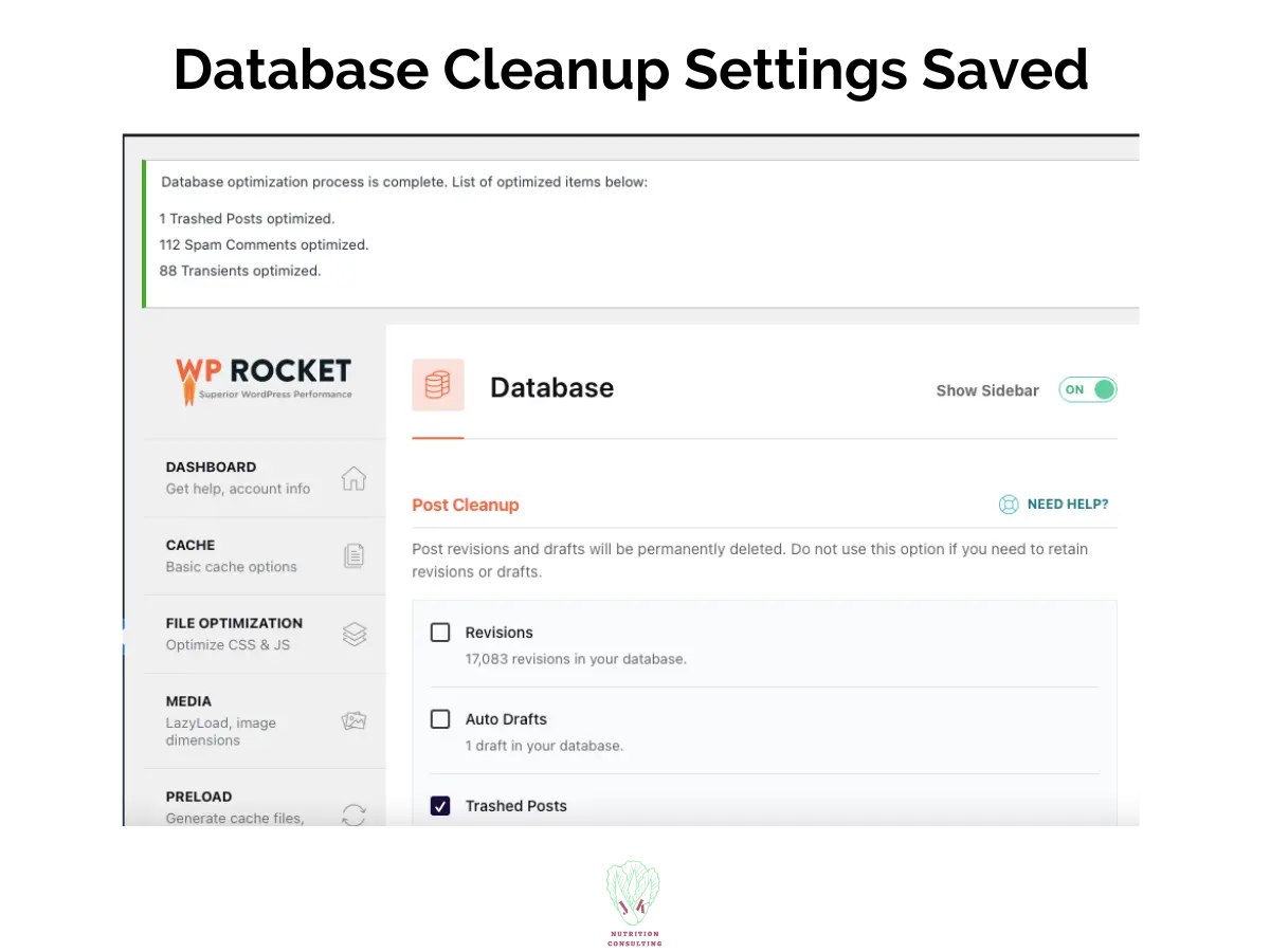 Database clean up: Settings Saved photo 6 of 6 | WP Rocket Review | JK Nutrition Consulting