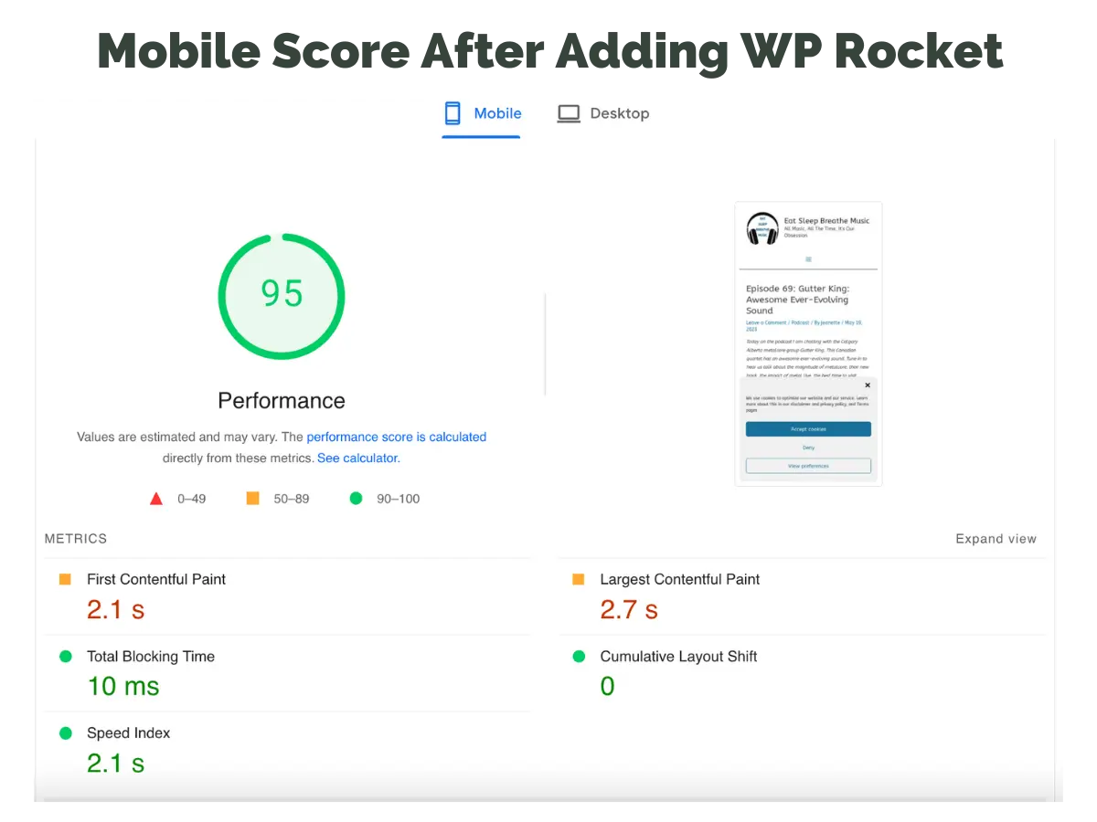 Mobil Score After Adding WP Rocket | WP Rocket Review | JK Nutrition Consulting