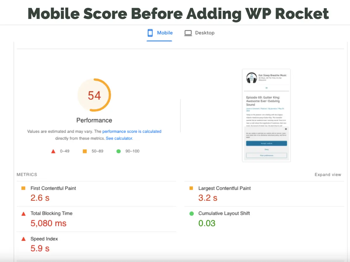 Mobile Score Before Adding WP Rocket | WP Rocket Review | JK Nutrition Consulting