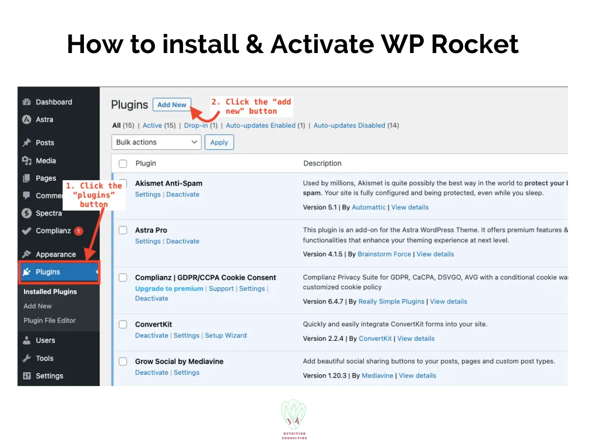 How to install and activate WP Rocket Photo 1 of 8 shows the WP admin dashboard with the plugins and the "add new" button | WP Rocket Review | JK Nutrition Consulting
