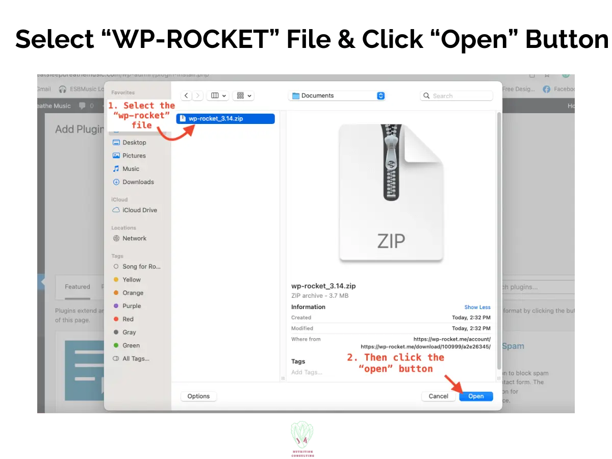 Install and activate photo 4 of 8 showing the computer file being opened up into WordPress admin | WP Rocket Review | JK Nutrition Consulting