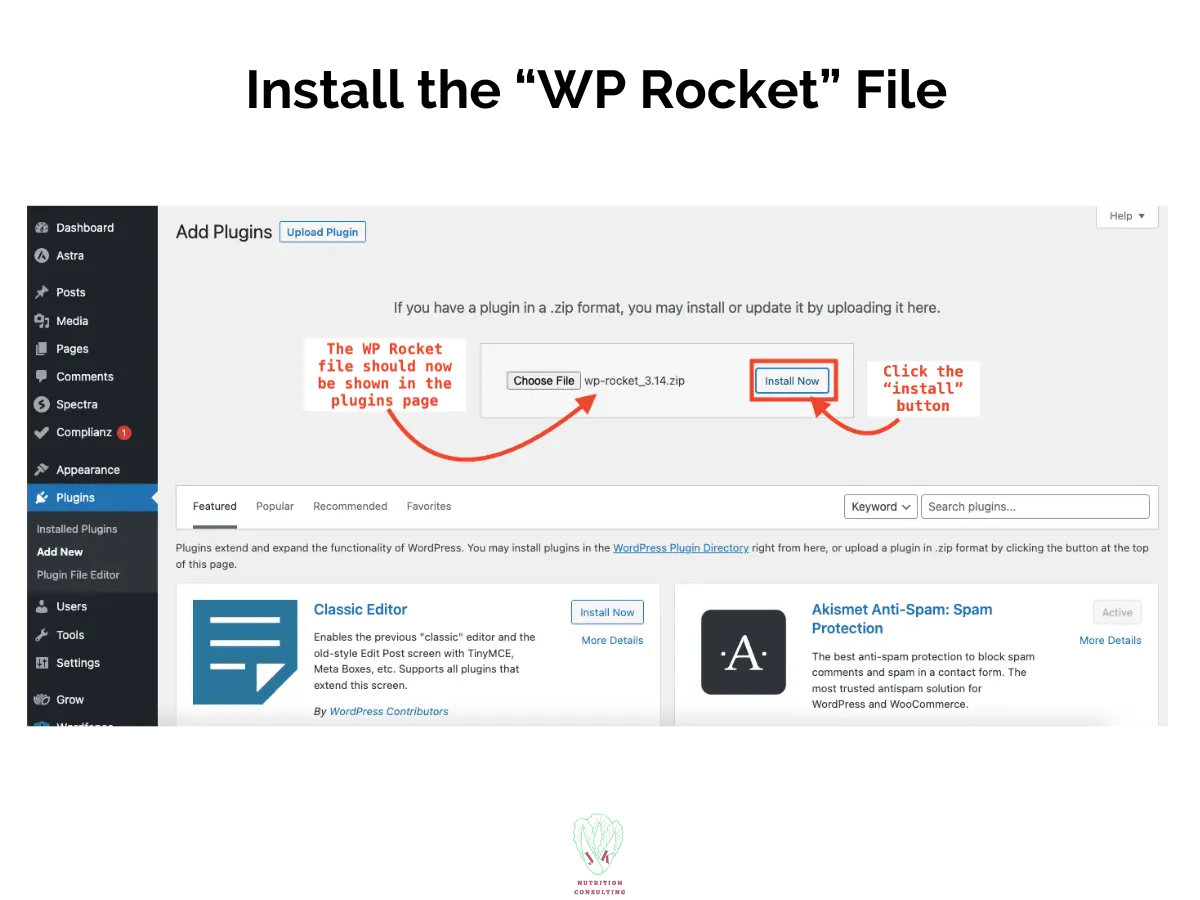 Install and activate WP Rocket on WordPress "Install the "WP Rocket" file showing the plugin page with the "choose file" and the install now button | WP Rocket Review | JK Nutrition Consulting