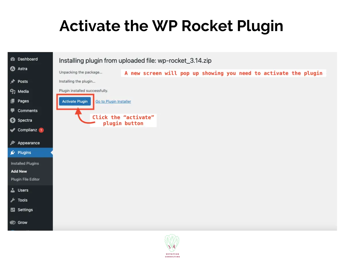 Install and activate WP Rocket plugin showing the plugin being activated and unpacked | WP Rocket Review | JK Nutrition Consulting