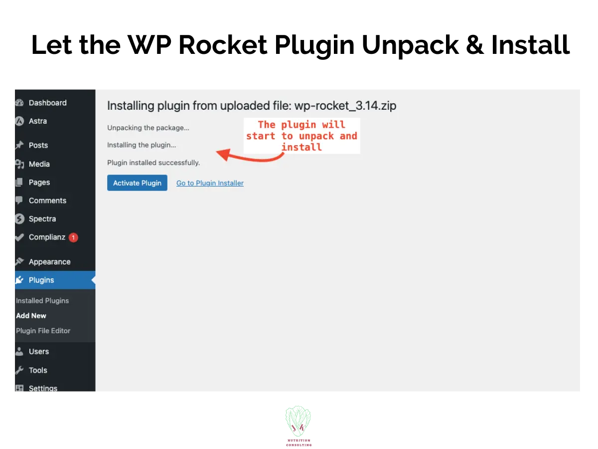 Photo 7 of 8 installing and activating WP Rocket showing the plugin unpacking | WP Rocket Review | JK Nutrition Consulting