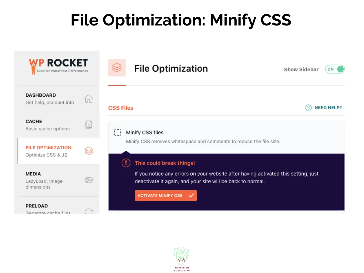 File Optimization: Minify CSS showing the warning that it could break the site | WP Rocket Review | JK Nutrition Consulting