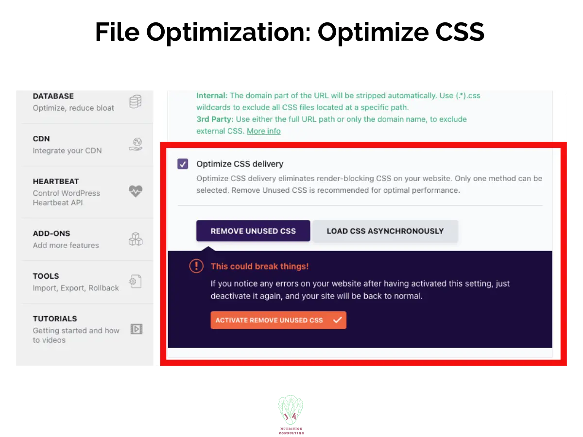 File Optimization: Optimize CSS with the warning showing how it could break the site | WP Rocket Review | JK Nutrition Consulting