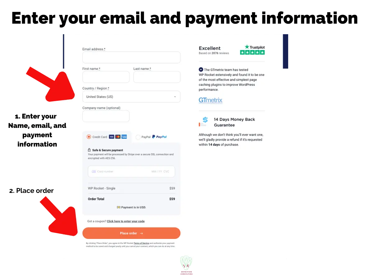 WP Purchase and Install 3 of 6 Photos Enter Your Email and Payment Info and then hit "place your order" | WP Rocket Review | JK Nutrition Consulting